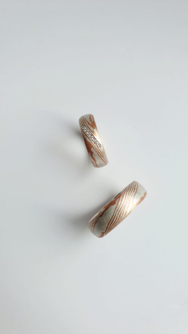 Mokume Gane Ringe mit Diamanten, Partnerringe, Eheringe, Trauringe