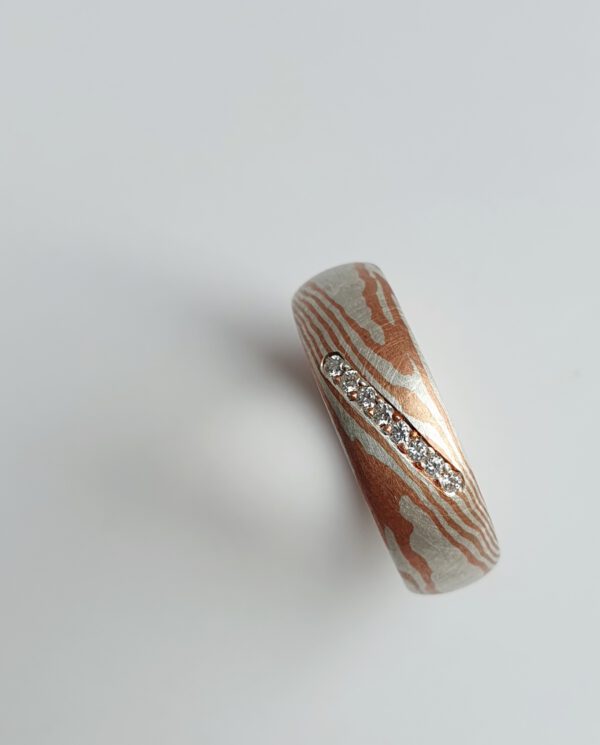 Mokume Gane Ringe mit Diamanten, Partnerringe, Eheringe, Trauringe