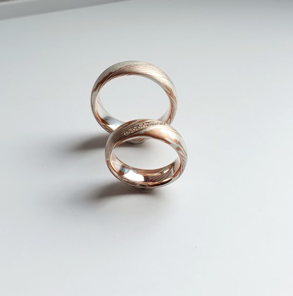 Mokume Gane Ringe mit Diamanten, Partnerringe, Eheringe, Trauringe