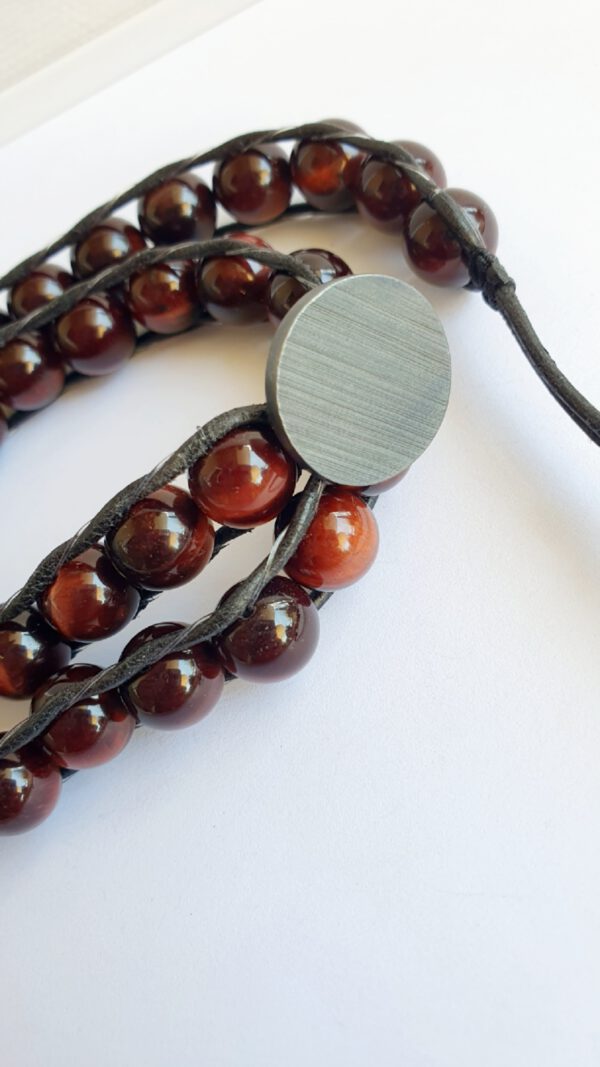 Tigerauge Perlen Armband Silberknopf massiv, schwarzer Lederband Yoga, Boho wickel Armband
