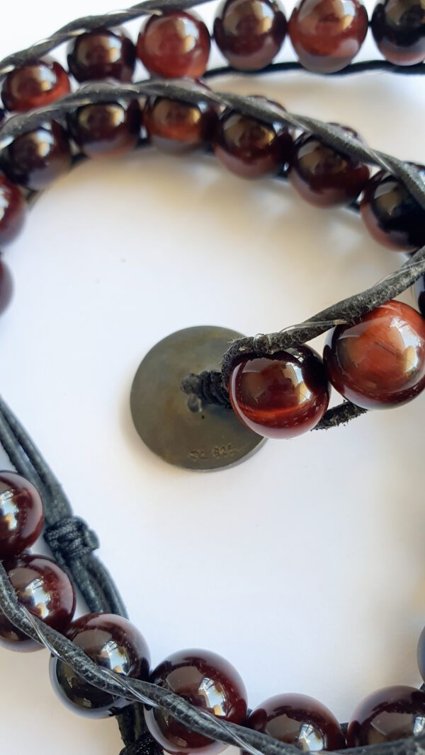 Tigerauge Perlen Armband Silberknopf massiv, schwarzer Lederband Yoga, Boho wickel Armband