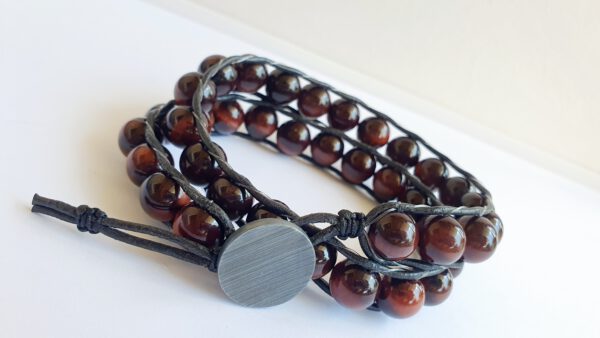 Tigerauge Perlen Armband Silberknopf massiv, schwarzer Lederband Yoga, Boho wickel Armband