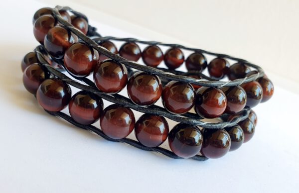 Tigerauge Perlen Armband Silberknopf massiv, schwarzer Lederband Yoga, Boho wickel Armband