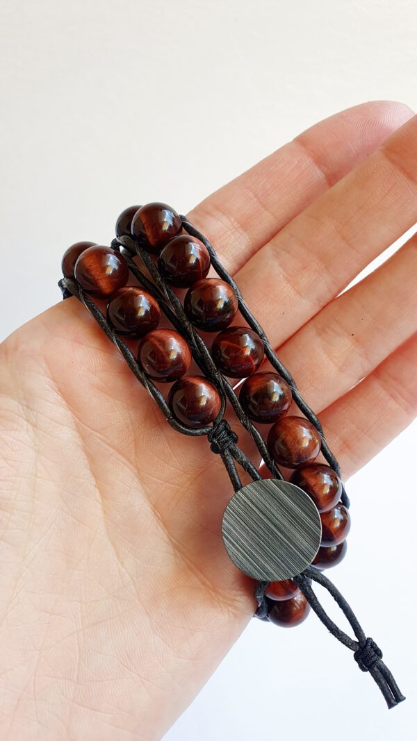 Tigerauge Perlen Armband Silberknopf massiv, schwarzer Lederband Yoga, Boho wickel Armband