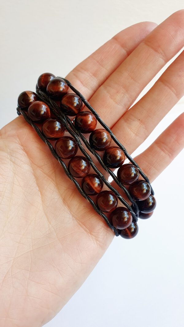 Tigerauge Perlen Armband Silberknopf massiv, schwarzer Lederband Yoga, Boho wickel Armband