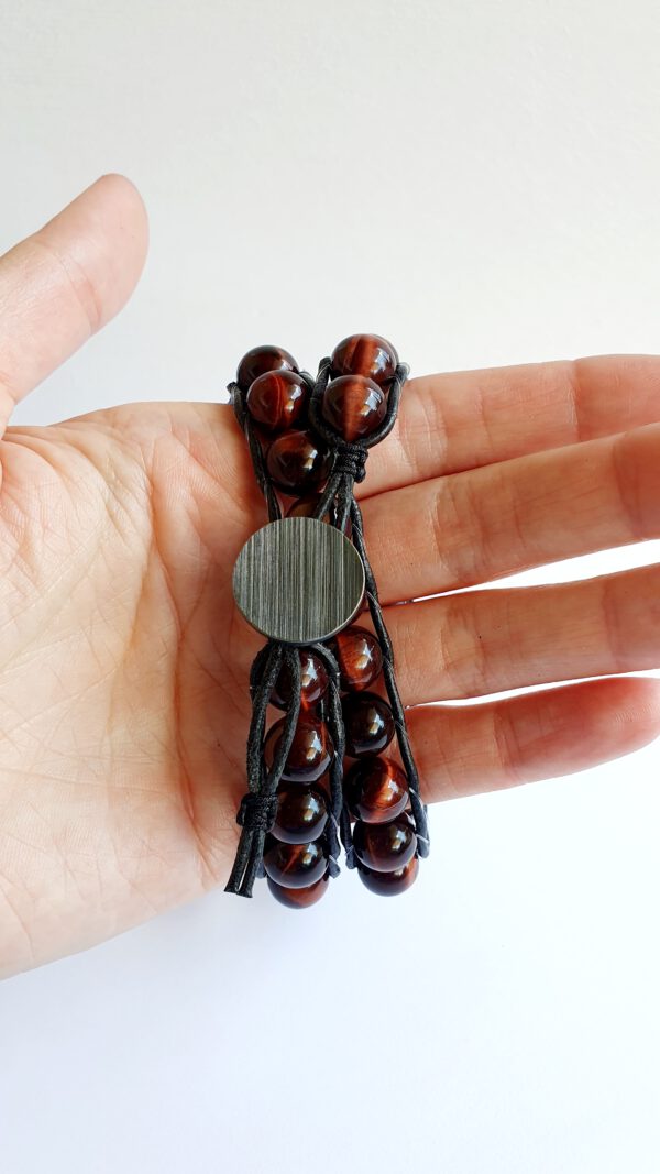 Tigerauge Perlen Armband Silberknopf massiv, schwarzer Lederband Yoga, Boho wickel Armband