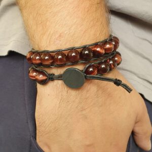 Tigerauge Perlen Armband Silberknopf massiv, schwarzer Lederband Yoga, Boho wickel Armband