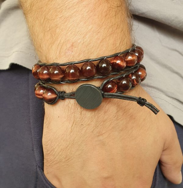 Tigerauge Perlen Armband Silberknopf massiv, schwarzer Lederband Yoga, Boho wickel Armband