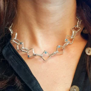Design Halskette Silber 925 – viereckige Gliederkette mit Kaschmir Topas, handgemacht & minimalistisch